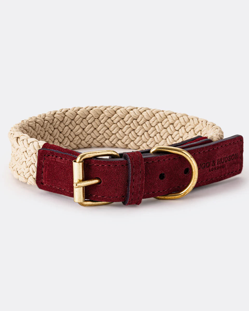 Flat Rope and Burgundy Leather Dog Collar