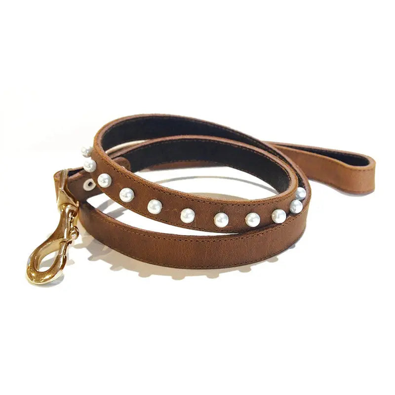 Pearl Embellished Flat Leather Lead