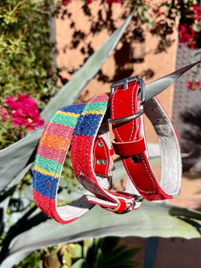 Handmade Moroccan red leather striped collar - Salma