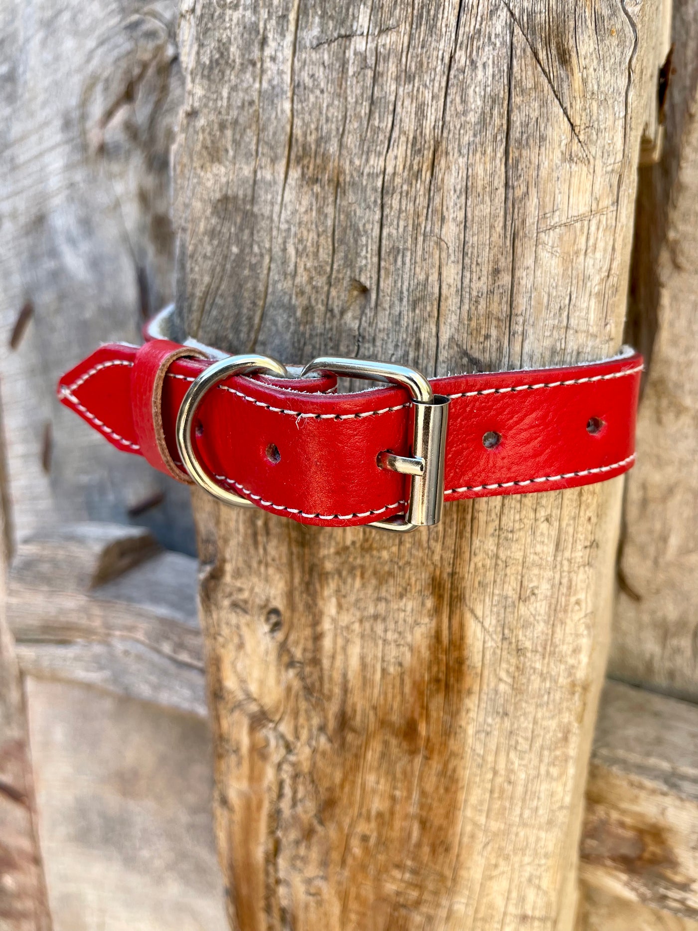 Handmade Moroccan red leather striped collar - Salma
